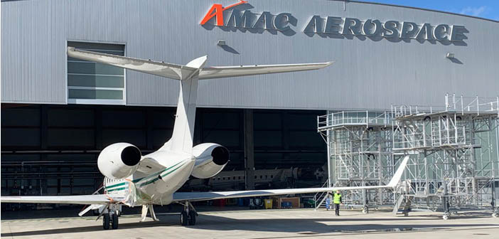 A Gulfstream aircraft entering one of AMAC’s hangars for a C-check