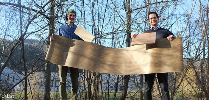 Johannes Steindl and Patrick Domnanich of F/List show an organo sheet made from flax fibres and biopolymer, as well as two lightweight panels based on the new technology