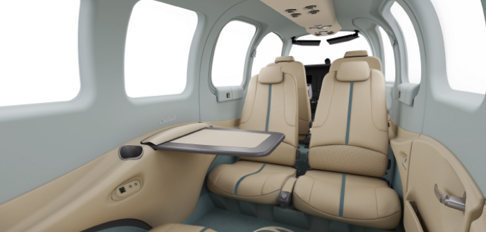 The 75th anniversary special-edition Beechcraft Bonanza G36 interior features Olive Ann Beech’s signature blue