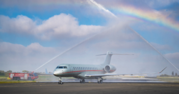 One of VistaJet’s new Global 7500 aircraft receives a water salute on arrival in Malta