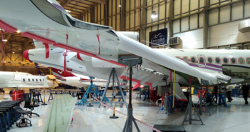 A Falcon 7X undergoing maintenance at ExecuJet MRO Services Middle East in Dubai, UAE
