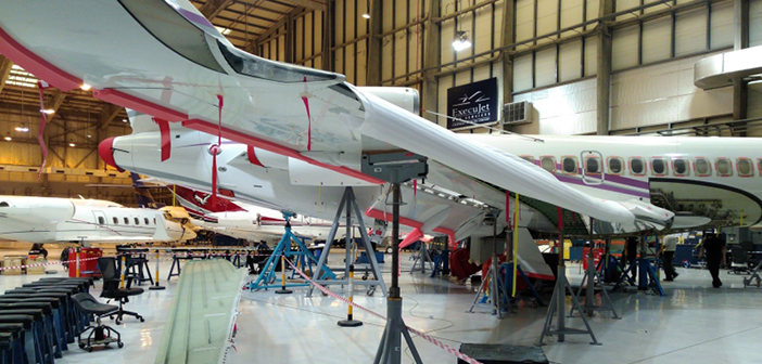 A Falcon 7X undergoing maintenance at ExecuJet MRO Services Middle East in Dubai, UAE