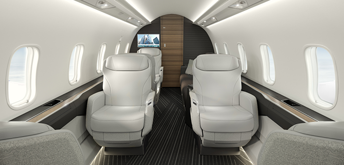 The Bombardier Challenger 3500 cabin, looking aft