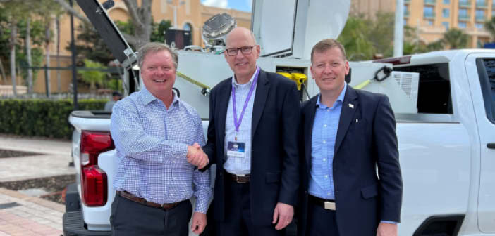 Intelsat’s Mark Rasmussen with Satcom Direct’s Chris Moore and Jim Jensen