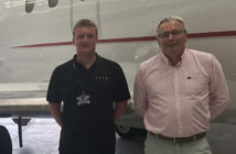 Dan Rogers, CEO of Jets (left), and Tim Barber with Duncan Aviation Aircraft Sales (right), recently signed an agreement for Duncan Aviation to identify and acquire six project aircraft