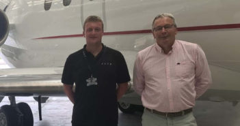Dan Rogers, CEO of Jets (left), and Tim Barber with Duncan Aviation Aircraft Sales (right), recently signed an agreement for Duncan Aviation to identify and acquire six project aircraft