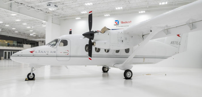 Exterior view of the Cessna SkyCourier turboprop in a hangar