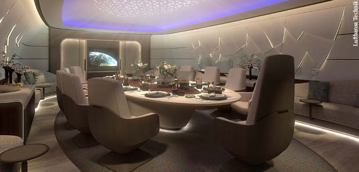 The conference area on a VIP BBJ 777-9 cabin design by Lufthansa Technik