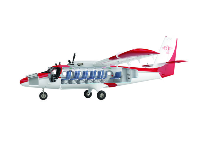 Exterior of the DHC-6 Twin Otter Classic 300-G with a cutaway showing interior seats