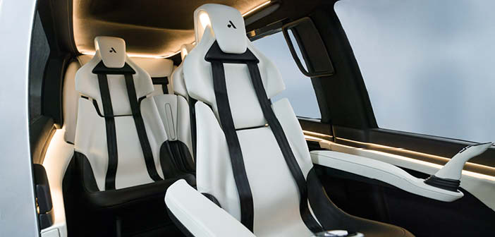 The interior of AutoFlight's Prosperity I eVTOL, featuring seats finished in black and white