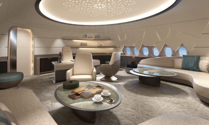 aircraft lounge with tables, divans and seats